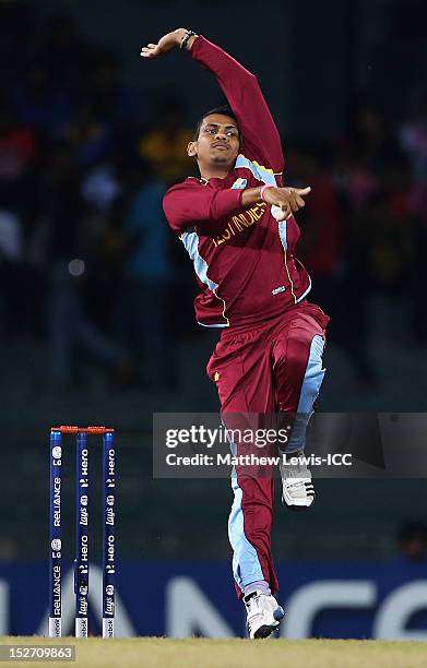 Sunil Narine of the West Indies in action during the ICC World Twenty20 2012 Group B match between West Indies and Ireland at R. Premadasa Stadium on...