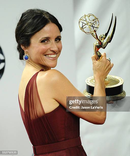 Actress Julia Louis-Dreyfus poses in the press room at the 64th Primetime Emmy Awards at Nokia Theatre L.A. Live on September 23, 2012 in Los...