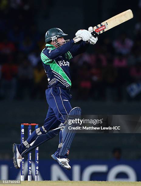 Niall O'Brien of Ireland hits the ball towards the boundary during the ICC World Twenty20 2012 Group B match between West Indies and Ireland at R....