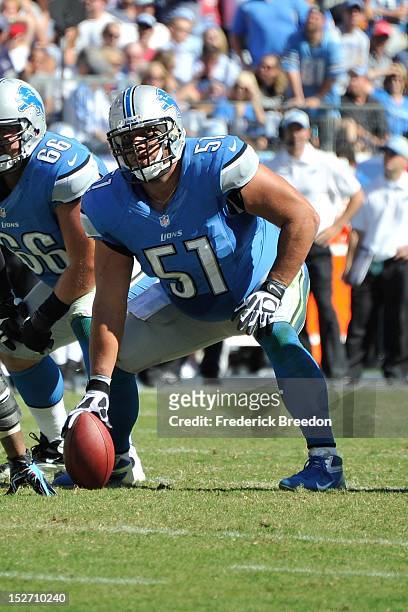 Dominic Raiola of the Detroit Lions plays against the Tennessee Titans at LP Field on September 23, 2012 in Nashville, Tennessee.