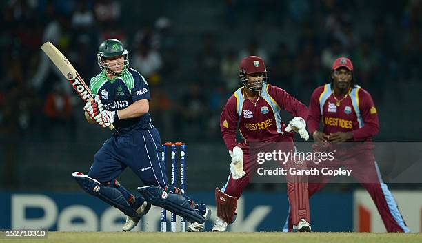 Gary Wilson of Ireland bats during the ICC World Twenty20 2012 Group B match between the West Indies and Ireland at R. Premadasa Stadium on September...