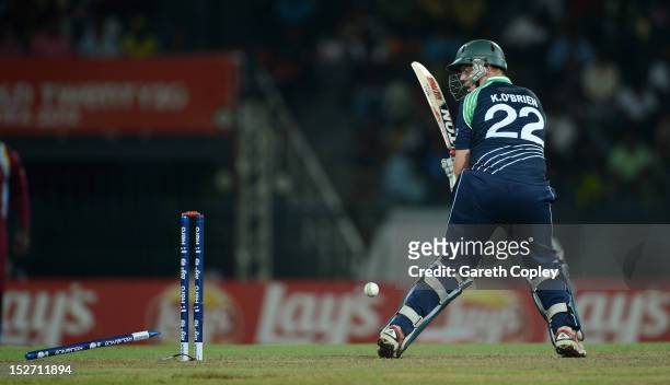 Kevin O'Brien of Ireland is bowled by Ravi Rampaul of the West Indies during the ICC World Twenty20 2012 Group B match between the West Indies and...