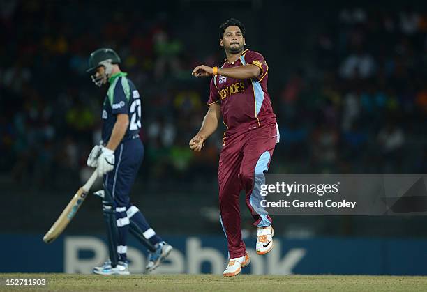 Ravi Rampaul of the West Indies celebrates bowling Kevin O'Brien of Ireland during the ICC World Twenty20 2012 Group B match between the West Indies...