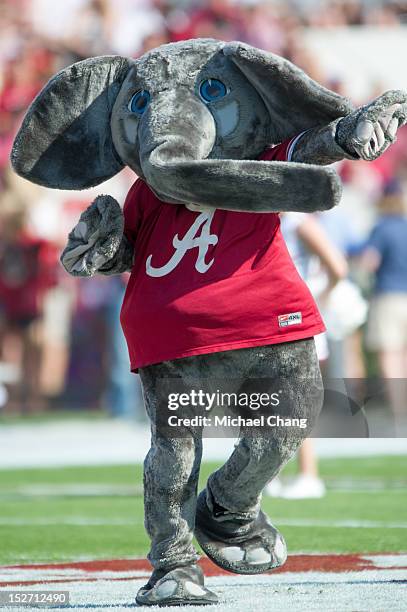 Mascot Big Al of The Alabama Crimson Tide cheers on with the crowd before playing against the Florida Atlantic Owls on September 22, 2012 at...