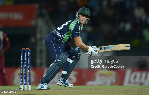 Trent Johnston of Ireland bats during the ICC World Twenty20 2012 Group B match between the West Indies and Ireland at R. Premadasa Stadium on...