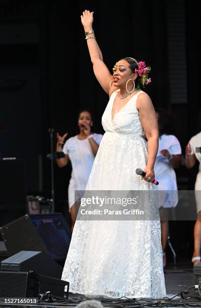 Singer Miki Howard performs onstage during An Evening of Soul at Mable House Barnes Amphitheatre on July 08, 2023 in Mableton, Georgia.