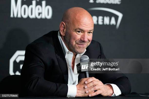 President Dana White speaks with media after the UFC 290 event at T-Mobile Arena on July 08, 2023 in Las Vegas, Nevada.