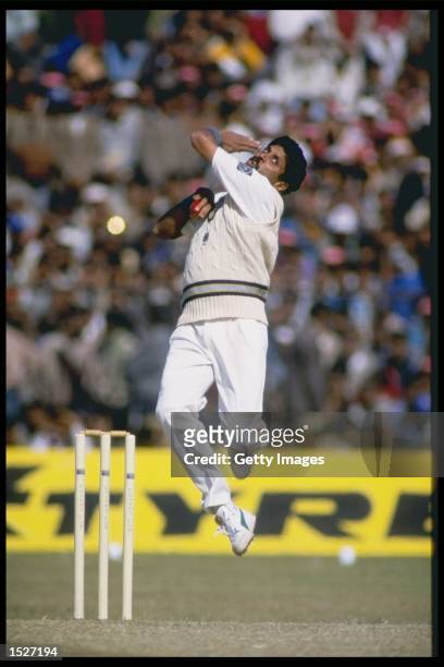 Kapil Dev of India bowling during the first one day international against England in Jaipur, India. Mandatory Credit: Chris Cole/Allsport UK