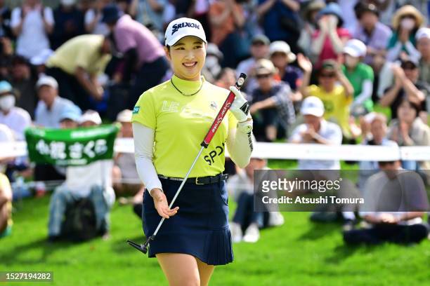 Sakura Koiwai of Japan celebrates after winning the tournament on the 18th green during the final round of MinebeaMitsumi Ladies Hokkaido Shimbun Cup...