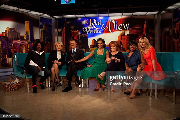 Whoopi Goldberg, Barbara Walters, U.S. President Barack Obama, first lady Michelle Obama, Joy Behar, Sherri Shepherd, Elisabeth Hasselbeck pose for a...