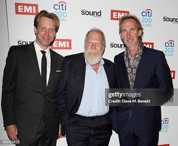 Giles Martin, Tony Smith and Mike Rutherford arrive at the EMI Music Sound Foundation fundraiser at Somerset House on September 24, 2012 in London,...