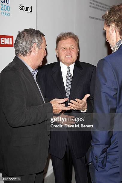 Nick Mason, Bruce Johnston and Mike Rutherford arrive at the EMI Music Sound Foundation fundraiser at Somerset House on September 24, 2012 in London,...