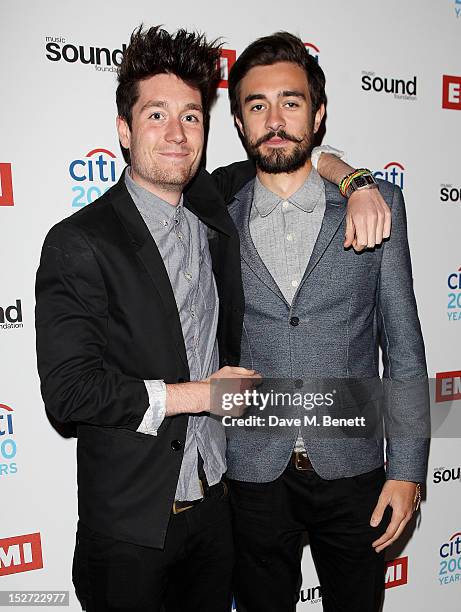 Dan Smith and Kyle Simmons of Bastille arrive at the EMI Music Sound Foundation fundraiser at Somerset House on September 24, 2012 in London, England.