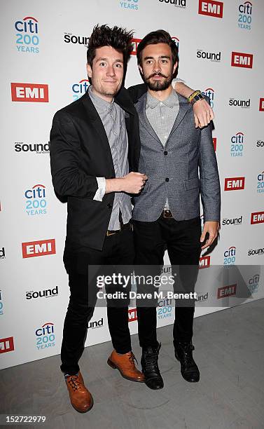 Dan Smith and Kyle Simmons of Bastille arrive at the EMI Music Sound Foundation fundraiser at Somerset House on September 24, 2012 in London, England.