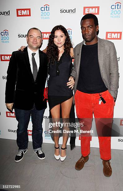 Miles Leonard, President of Parlophone and Virgin A&R UK, Eliza Doolittle and manager George Roberts-Bascombe arrive at the EMI Music Sound...