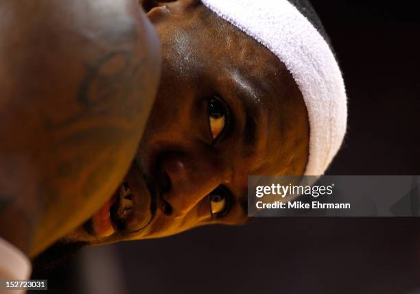 LeBron James of the Miami Heat looks on in the first half against the Boston Celtics in Game Five of the Eastern Conference Finals in the 2012 NBA...