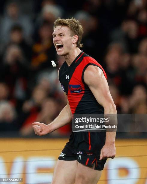 Ben Hobbs of the Bombers spits out his mouthguard as he celebrates kicking a goal during the round 17 AFL match between Essendon Bombers and Adelaide...