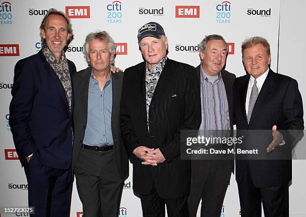Mike Rutherford, Tony Banks, Mike Love, Nick Mason and Bruce Johnston arrive at the EMI Music Sound Foundation fundraiser at Somerset House on...