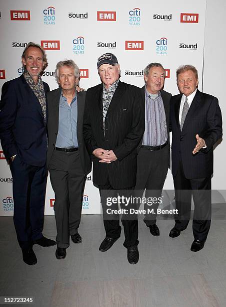 Mike Rutherford, Tony Banks, Mike Love, Nick Mason and Bruce Johnston arrive at the EMI Music Sound Foundation fundraiser at Somerset House on...