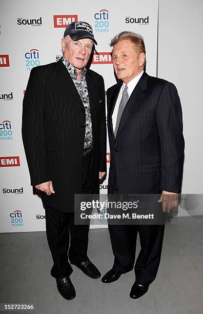 Mike Love and Bruce Johnston of The Beach Boys arrive at the EMI Music Sound Foundation fundraiser at Somerset House on September 24, 2012 in London,...