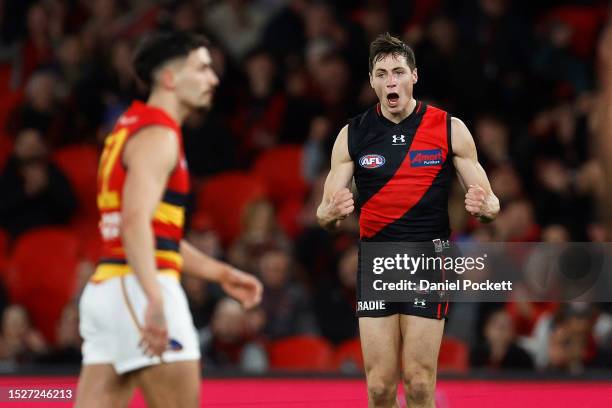 Jake Kelly of the Bombers celebrates kicking a goal during the round 17 AFL match between Essendon Bombers and Adelaide Crows at Marvel Stadium, on...