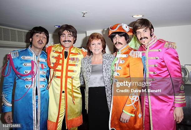 Cilla Black poses with cast members Ian Garcia, Reuven Gershon, Stephen Hill and Phil Martin at the interval during the press night performance of...