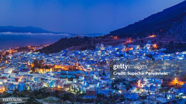 twilight time before sunrise at view point of chefchaouen, morocco - chefchaouen medina stock pictures, royalty-free photos & images