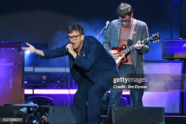 Damon Albarn and Graham Coxon of Blur perform at Wembley Stadium on July 08, 2023 in London, England.