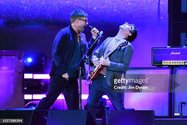 Damon Albarn and Graham Coxon of Blur perform at Wembley Stadium on July 08, 2023 in London, England.