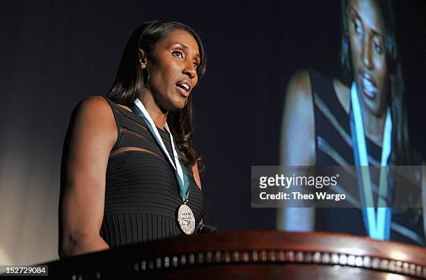 Former WNBA basketball player Lisa Leslie speaks onstage at the 27th Annual Great Sports Legends Dinner to benefit the Buoniconti Fund to Cure...
