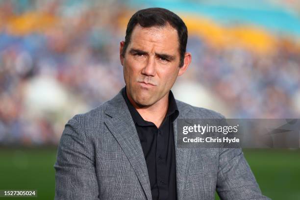 Presenter Cameron Smith during the round 19 NRL match between Gold Coast Titans and Dolphins at Cbus Super Stadium on July 09, 2023 in Gold Coast,...