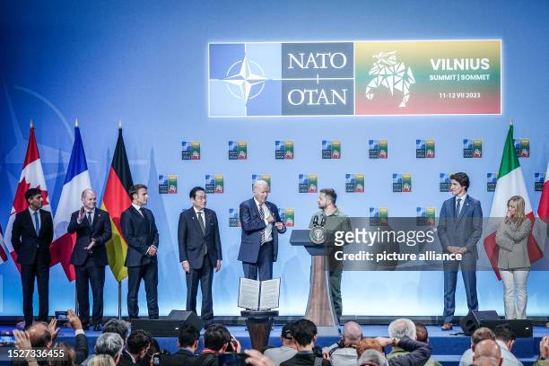 July 2023, Lithuania, Vilnius: Rishi Sunak , Prime Minister of the United Kingdom, German Chancellor Olaf Scholz , French President Emmanuel Macron,...