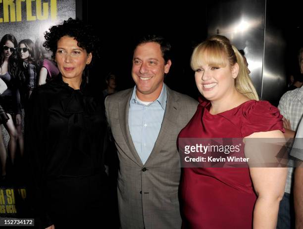 Universal Pictures Co-chairman Donna Langley, Universal Pictures chairman Adam Fogelson, and actress Rebel Wilson arrive at the premiere of Universal...