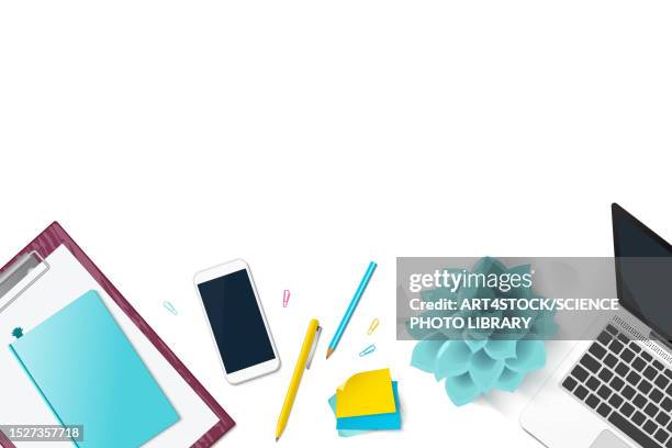 stockillustraties, clipart, cartoons en iconen met office desk layout, illustration - pandemia