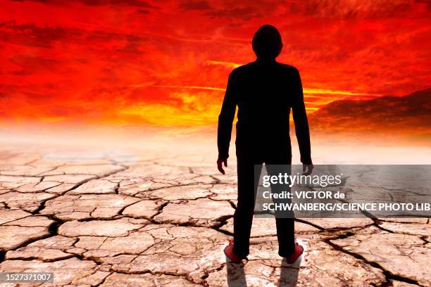 man looking at the end of the world, conceptual composite image - global warming stock illustrations
