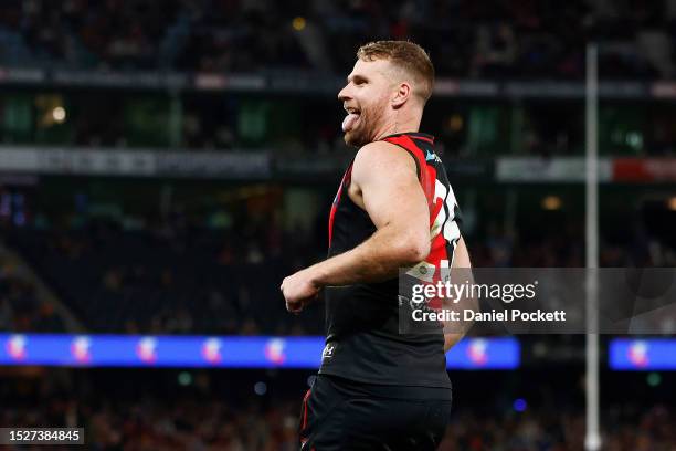 Jake Stringer of the Bombers celebrates kicking a goal during the round 17 AFL match between Essendon Bombers and Adelaide Crows at Marvel Stadium,...