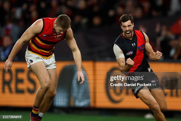 Kyle Langford of the Bombers celebrates kicking a goal during the round 17 AFL match between Essendon Bombers and Adelaide Crows at Marvel Stadium,...