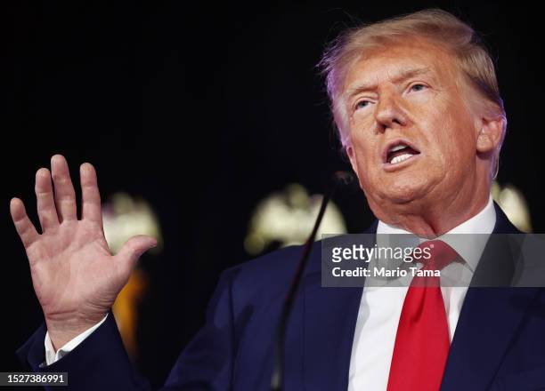 Former U.S. President and Republican presidential candidate Donald Trump delivers remarks at a Nevada Republican volunteer recruiting event at...