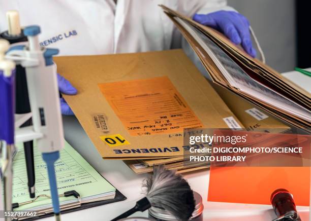 evidence files in forensics lab - forensic science technician stock pictures, royalty-free photos & images