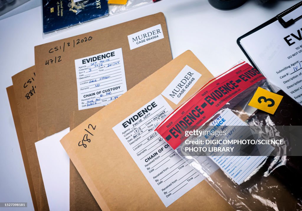 Files and evidence bag in forensics lab