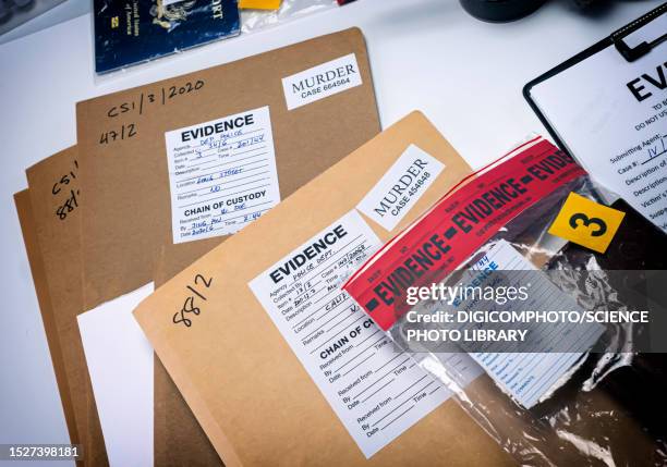 files and evidence bag in forensics lab - forensic science stock pictures, royalty-free photos & images