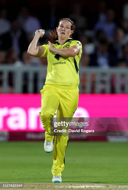 Megan Schutt of Australia bowls during the Women's Ashes 3rd Vitality IT20 match between England and Australia at Lord's Cricket Ground on July 08,...