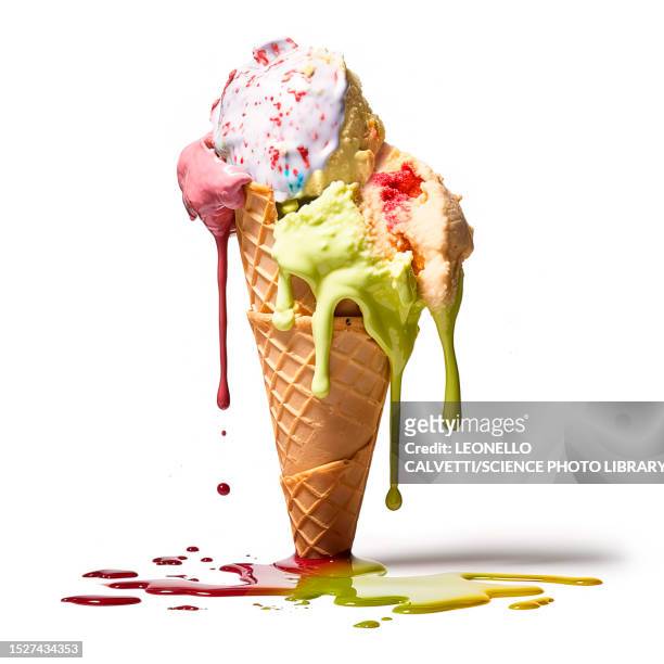 multi-flavoured ice cream cone, illustration - schmelzen stock-grafiken, -clipart, -cartoons und -symbole