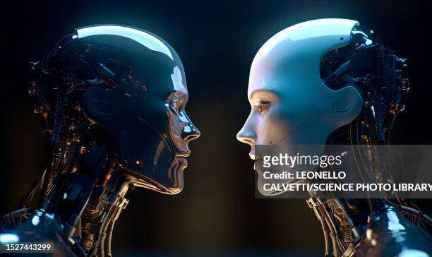 humanoid robots facing each other, illustration - technology stock illustrations