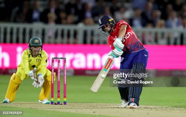 Alice Capsey of England plays the ball to the boundary during the Women's Ashes 3rd Vitality IT20 match between England and Australia at Lord's...