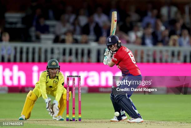 Alice Capsey of England plays the ball to the boundary during the Women's Ashes 3rd Vitality IT20 match between England and Australia at Lord's...