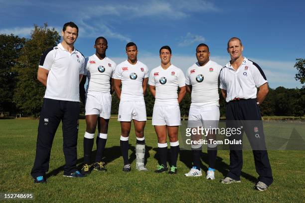 England rugby head coach Stuart Lancaster poses with backs coach Andy Farrell and Academy players Maro Itoje, Anthony Watson Brett Herron and Kyle...