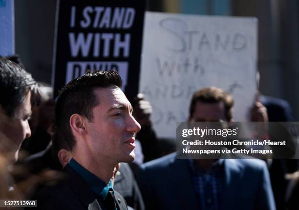 David Daleiden speaks to a group of journalists and pro-life protestors on front of the Harris County Criminal Courthouse, Thursday, Feb. 4 in...
