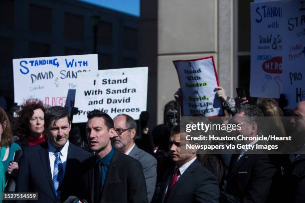 David Daleiden speaks to a group of journalists and pro-life protestors on front of the Harris County Criminal Courthouse, Thursday, Feb. 4 in...