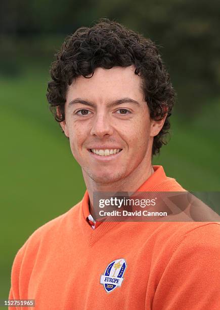 Rory McIlroy of Europe poses for an official photograph during the second preview day of The 39th Ryder Cup at Medinah Country Golf Club on September...